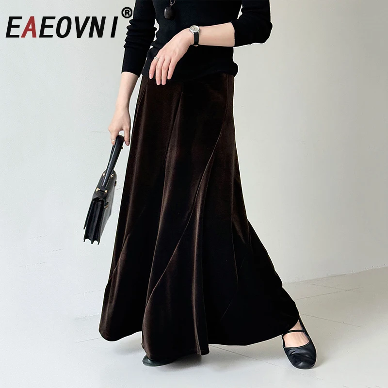 EAEOVNI Elegant Velvet Women's Skirt Solid Color High Waist A Line Folds Long Skirts Fashion 2025 Autumn Winter New Clothing