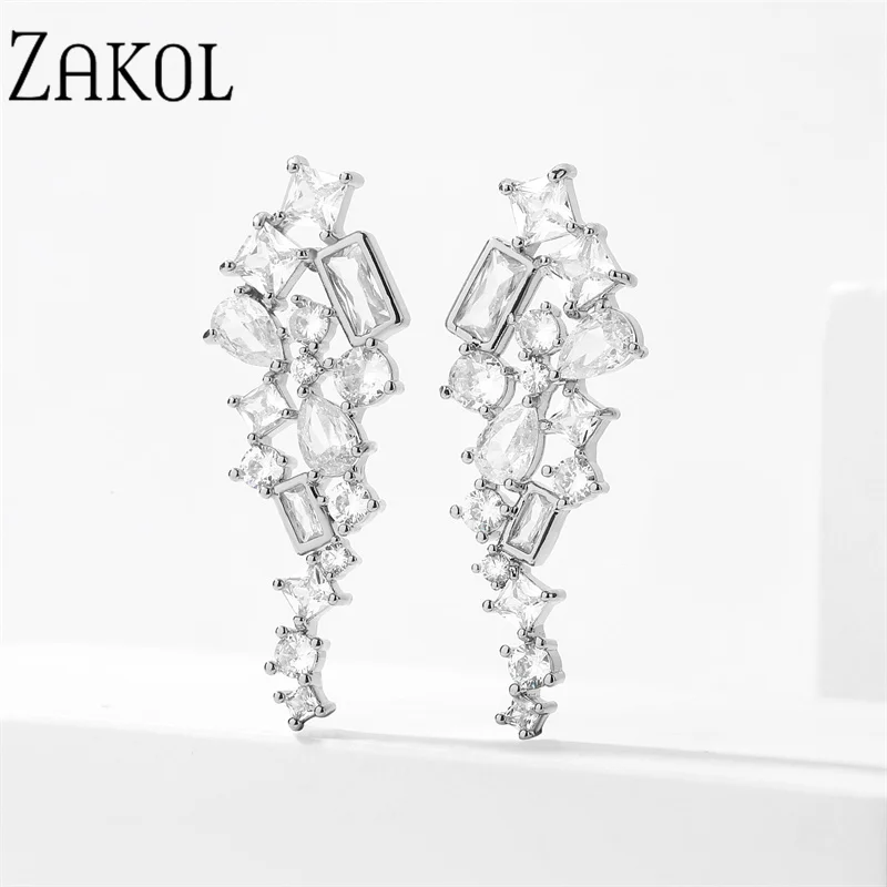 ZAKOL Vintage Green Cubic Zirconia Leaf Drop Earrings for Women Fashion Rectangle Crystal Party Birthday Party Jewelry EP5507