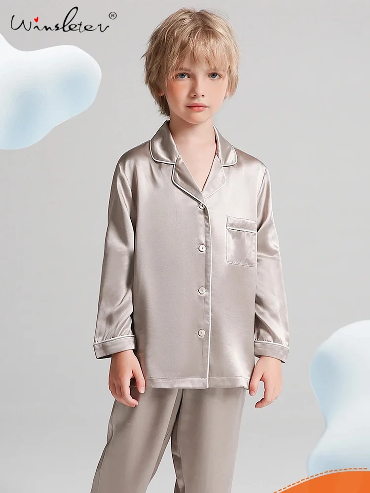 

Solid Color Home Clothing Set For Boys and Girls,19MM 100%Real Silk Children's Pajamas Set,2024 Spring Summer New,S41246QM