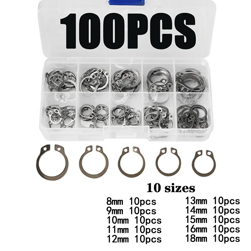 100PCS Circlip Set External/Internal Retaining C-type Cir clip Lock Snap Ring Set holes Shaft Collar Washer Stainless Steel