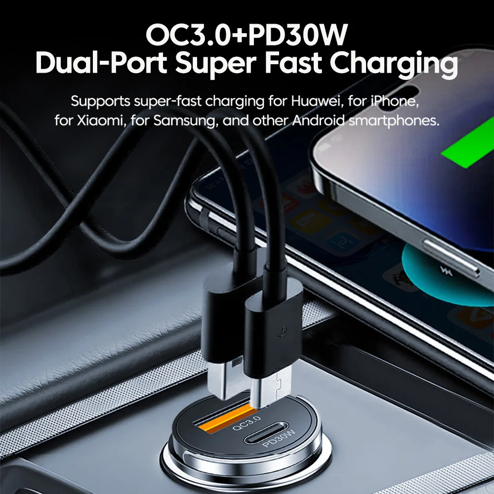 Udyr 48W Car Charger Cigaret Socket USB Type C Super Fast Charging With Lights For iPhone Huawei iPad Car Phone Charger Adapter