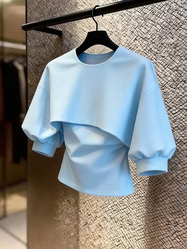 

Slim Fit round Neck Short Sleeve Light Blue Top Women's Fashionable Design T-Shirt Breathable Comfortable Spring Summer New A...