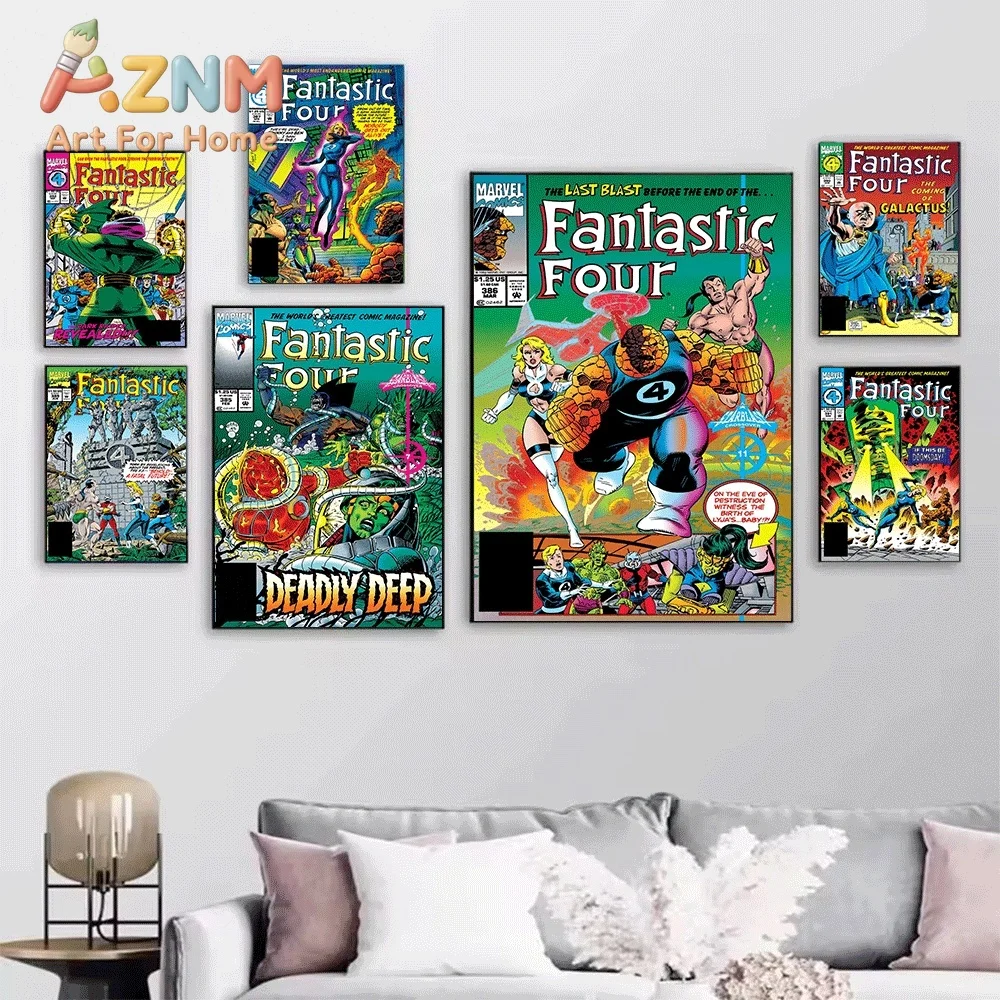 AZNM Fantastic Three Prisoners Of The Skrulls Vintage Comic Collage Canvas Wall Art Unframed Print, Superhero Poster for Bedro