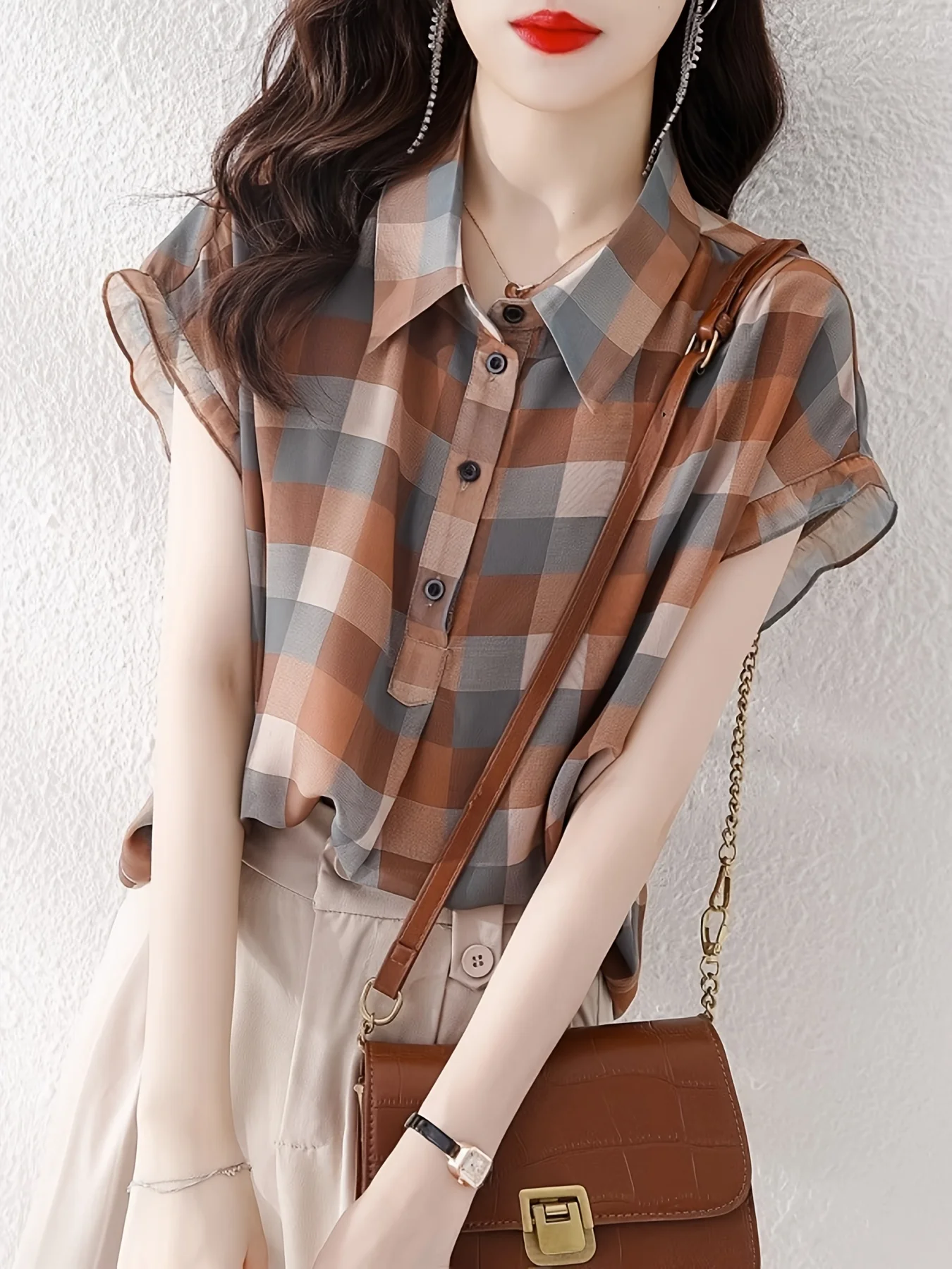 Women's Summer Chiffon Top Short-Sleeve Unique Plaid Print Loose Fit Design Shirt