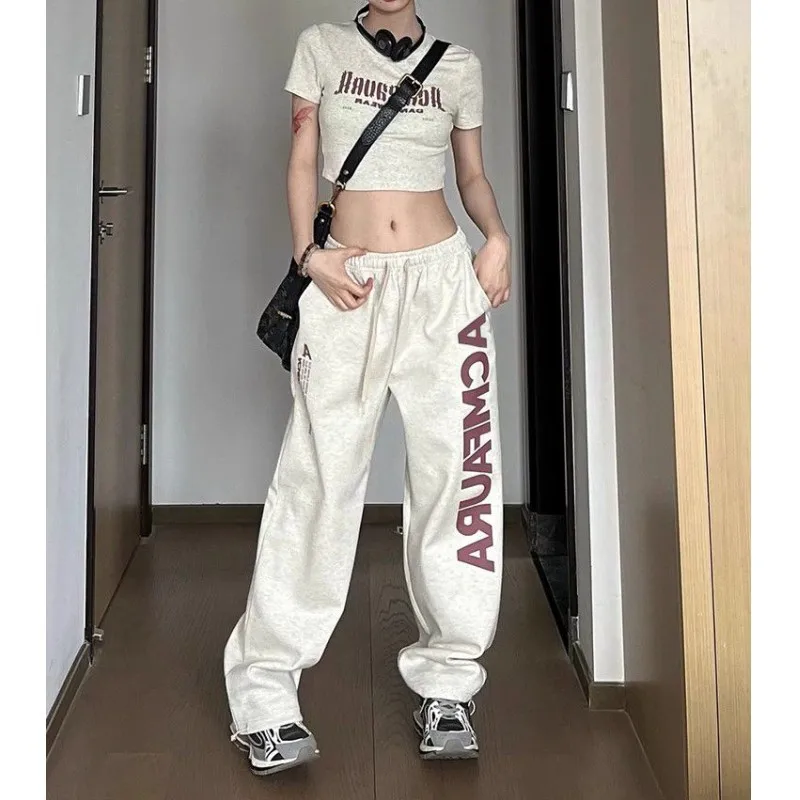 Korean Retro Women's Hip-hop Street Dance Pants Summer White Gray Loose Casual Wide Leg Pants Y2k Joggers Sweatpants Women