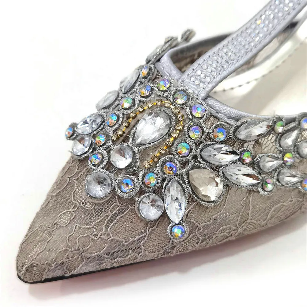 Daily Wear Comfortable Ltalian Design Silver Color Rhinestones Decoration Pointed Toe High Heels Party Ladies Shoes Bag Set