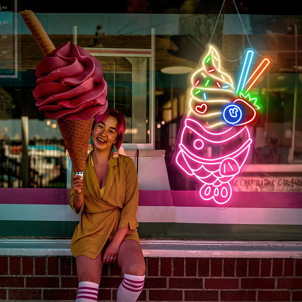 Taiyaki Ice Cream Neon Sign Sweet Japanese Taiyaki Shop Decoration Neon Light Ice Cream Sweet Bakery Store Decor Led Light