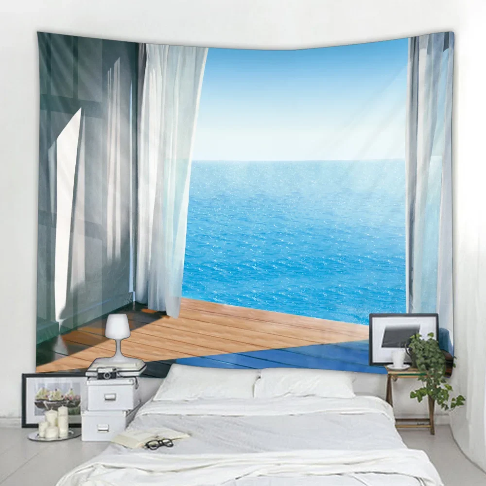 Tapestry Wall Hanging Living Room Bedroom Natural Window View Beach  Bedside Background Fabric