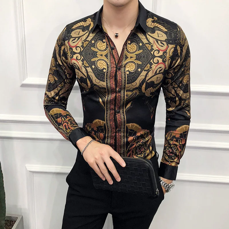 Autumn Men\'s Floral Shirt Long Sleeve Casual Shirt Fashion Rose Flower 3D Printed Turn-down Collar Slim Hawaii Shirt For Mens