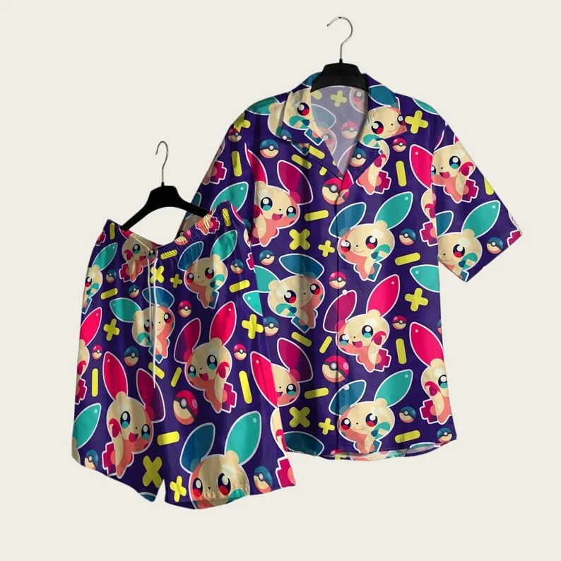 

2026 Special Pok É Mon Plusle Minun Men's Hawaiian Shirt Shorts Set Women's Home Casual Anime Pajamas T-shirt Shorts Set Gift