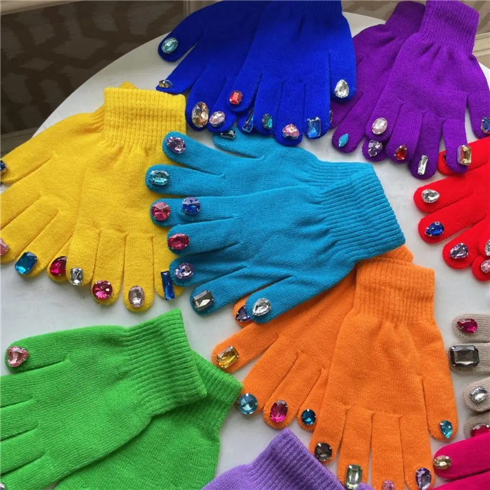 Multi-Color Rhinestone Knitted Gloves Glitter Finish Random Diamond Embellishments Five-fingered Gloves Keep Warm