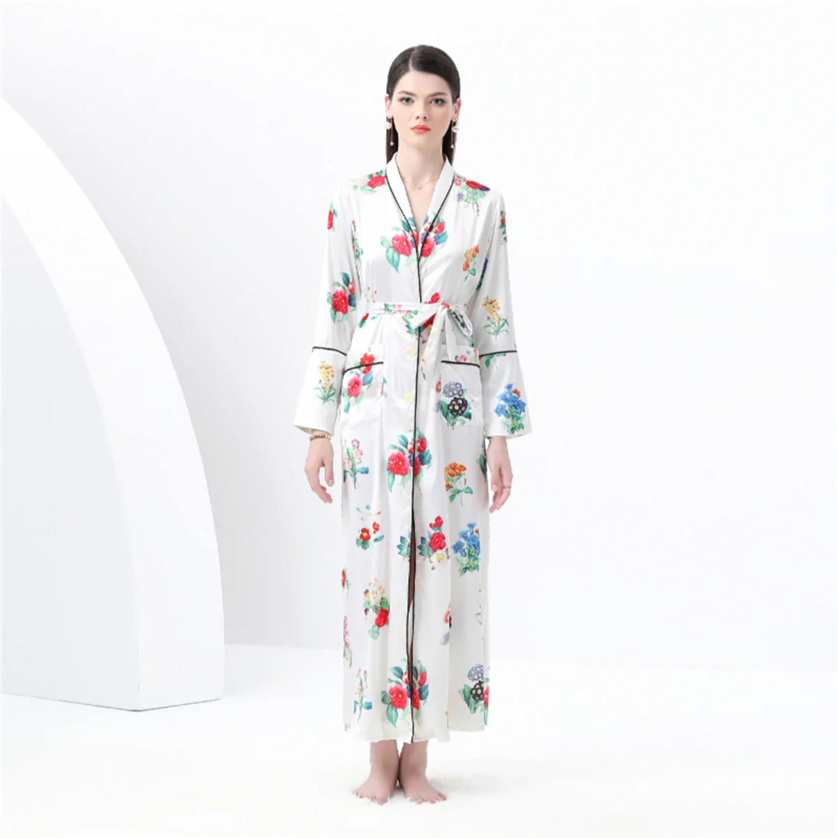 

Spring Autumn2025 Casual Trimmed Pajama Sets Fashion Blazer Collar Nightgown Floral Printed Sashes Long Maxi Dress