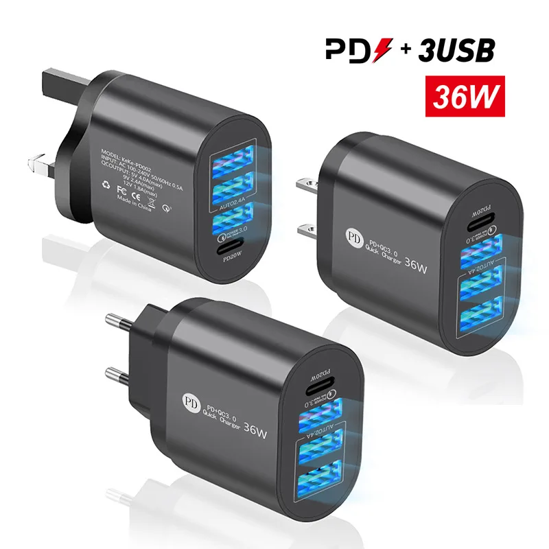 PD36W быстрое зарядное устройство для телефона, камеры, планшета, тип 5 В, 4 а, многофункциональное дорожное зарядное устройство PD + 3USB, многопортовый зарядный адаптер