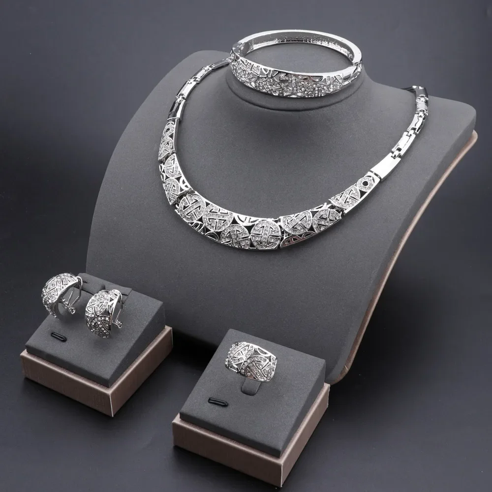 Elegant crystal jewelry set, including earrings, necklaces, bracelets, and rings, suitable for women's daily wear, weddings,