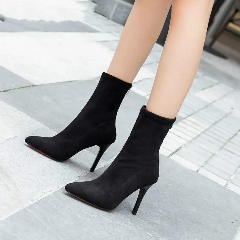 HOT Mid-barrel Boots Elastic Boots Pointed Toe Thin Heels For Women Mujer Black Ankle Stretch Fabric Winter High Heel Boots Rome