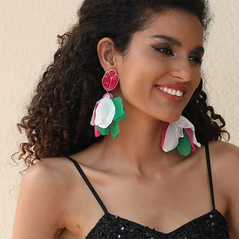 Handmade Silk Fabric Petal Flower Tassel Big Long Earrings For Bohemian Women Statement Jewelry Holiday Beach Dangle Pendientes