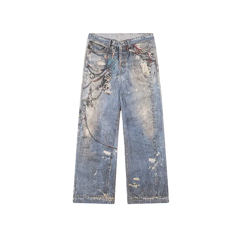 High Street Denim Pants Wasteland Style Vintage Jeans Niche Retro Casual American Straight Wide Leg Jean Summer Male Clothes