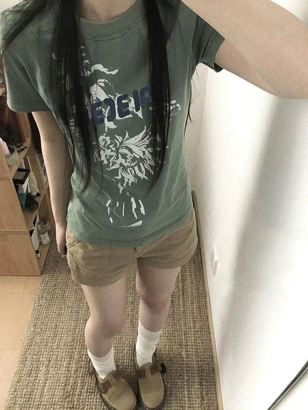 

Retro Korean Green Lettering Short Sleeve T-Shirt Women's Slim Fit Casual Top Breathable Cotton Summer Fashion Design