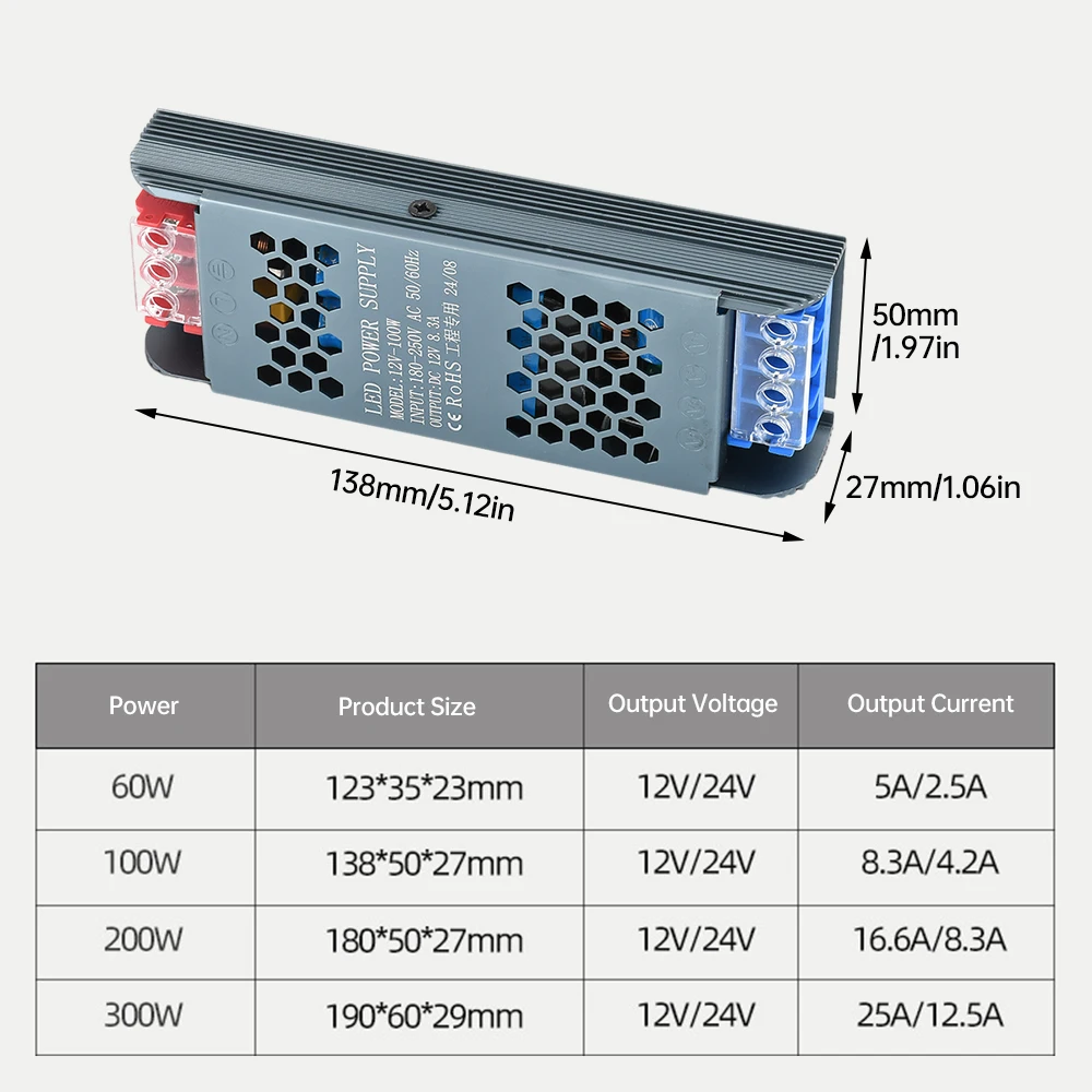 Lighting Transformer DC 12V Power Supply Adapter 5A 8.3A 16.6A 25A Ultra thin LED Strip Switch Driver Lamp 60W 100W 200W 300W