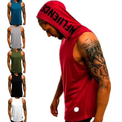 Mens Hoodie Sleeveless Vest Muscle Tank Tops Gymnasium Sports Fitness Bodybuilding