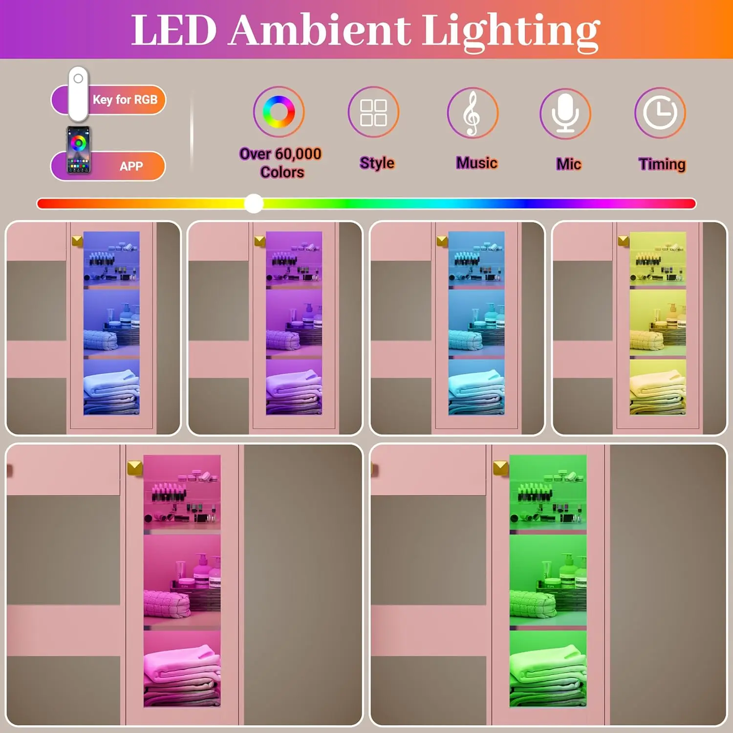 Bedroom Makeup Vanity, with 34''W, Charging Station, RGB Glass Cabinet, 3 Color Lighting Modes and Adjustable Brightness view 3