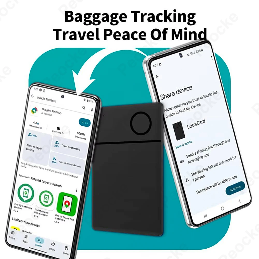 يعمل محدد موقع البطاقة الذكية القابل لإعادة الشحن لنظام Android مع جهاز ملاحة تطبيق Google Find Hub للتتبع السريع للمحفظة