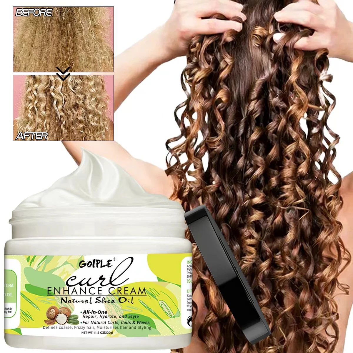 Crema para peinar el cabello rizado de 320g, aceite de karité Natural, crema para mejorar los rizos, acondicionador con forma de onda y cabello rizado para mujeres