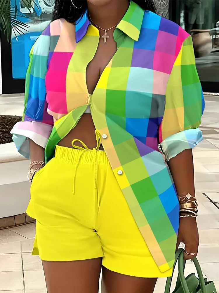 

Fashion Shirt Printed Button Shirt Shorts Sets 2026 Spring Autumn Casual Woman Sets Streetwear Shorts Pant Outfit Two Piece Set