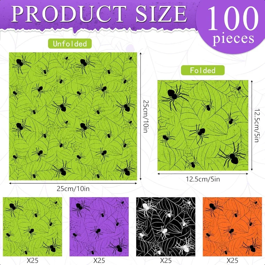 100 قطعة مناديل الهالوين على شبكة العنكبوت مناديل كوكتيل ورقية للحفلات والغداء والعشاء 4 ألوان لتزيين الطاولة المشروبات T