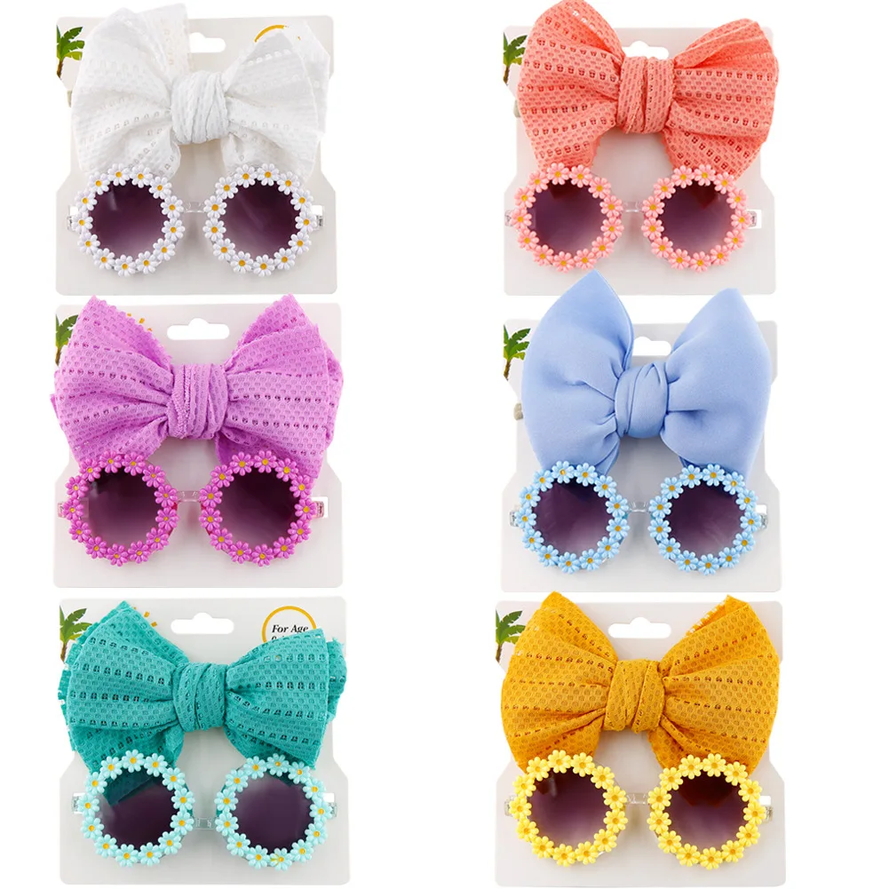 2 szt. Daisy dziewczynek okulary przeciwsłoneczne i opaska z kokardą zestaw elastyczne nylonowe opaski do włosów nadmorskie okulary przeciwsłoneczne dziecięce akcesoria do włosów