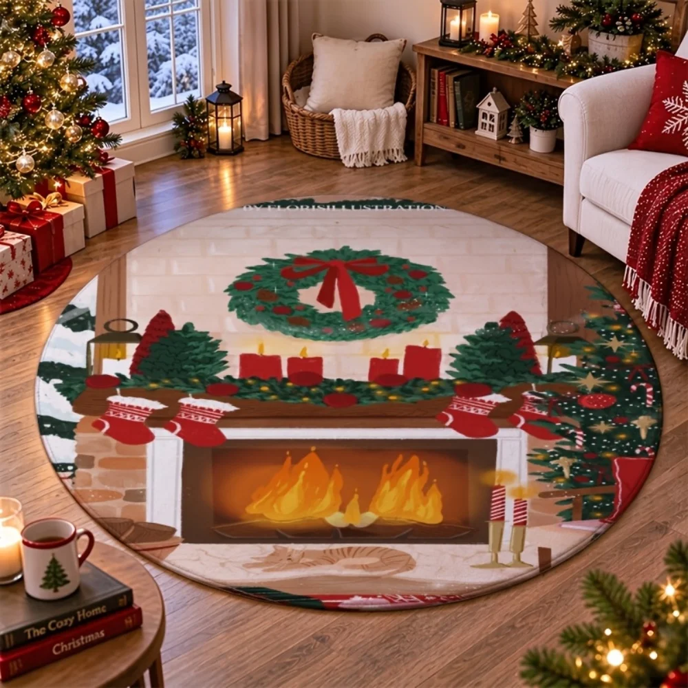 Christmas Fireplace Scene Floor Carpet Wreath Stocking Candle Print Washable Round Rug for Cozy Holiday Home Styling