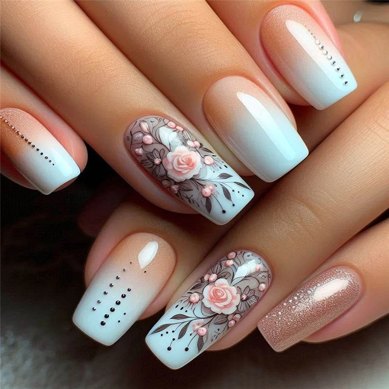 24pcs Long Coffin Almond Press On Nails Marble Glitter Heart Nail Patches with Jelly Luxury Fake Nails For Women Holiday Nail view 3