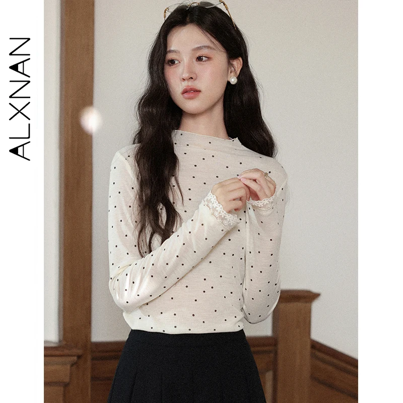 

ALXNAN топы с длинными рукавами, бежевые кружевные пуловеры в горошек с полувысоким воротником в стиле пэчворк, тонкая универсальная многослойная женская одежда L58857