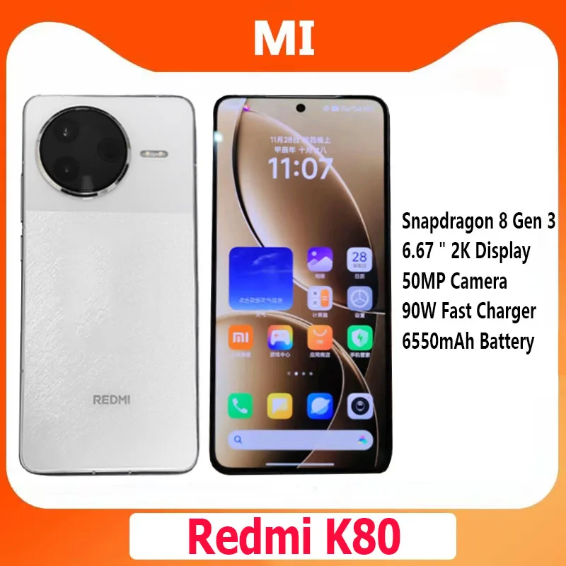 هاتف Xiaomi Redmi K80 5G CN الإصدار Snapdragon 8 Gen 3 6.67 "2K عرض بطارية 6550 مللي أمبير في الساعة كاميرا 50 ميجابكسل هاتف محمول 90 وات