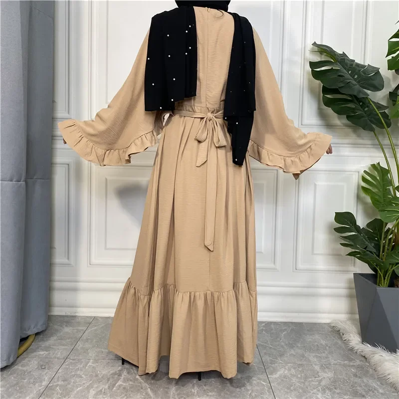 

UNI New Muslim Fashion Abaya Dubai Long Dress Women with Belt Solid Color Patchwork Islamic Dress Abaya African Dress