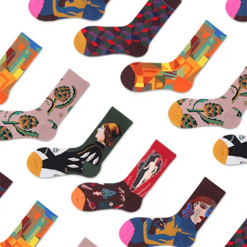 French Oil Painting Style Art Men/women Socks Ins Jacquard Street Skateboard Retro Jacquard European and American Style Sock