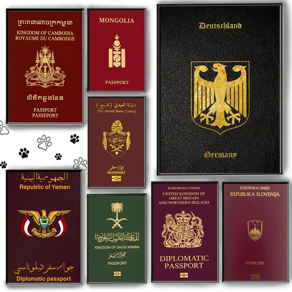 Deep Red-background Passports Poster Self Adhesive HD PVC Wall Art - Waterproof & Stain Proof For Home Office