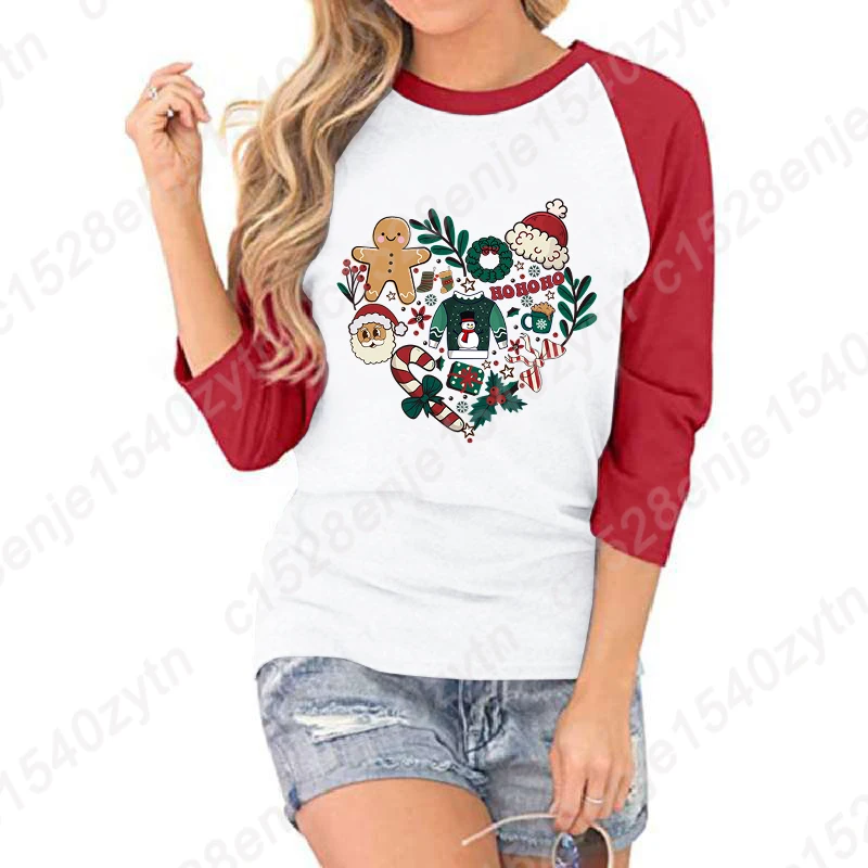 Women Hot Selling Tops Christmas Heart Santa Gingerbread Ho Print Seven Sleeves Shirt Summer Casual Crew Neck T-shirt Loose Tops