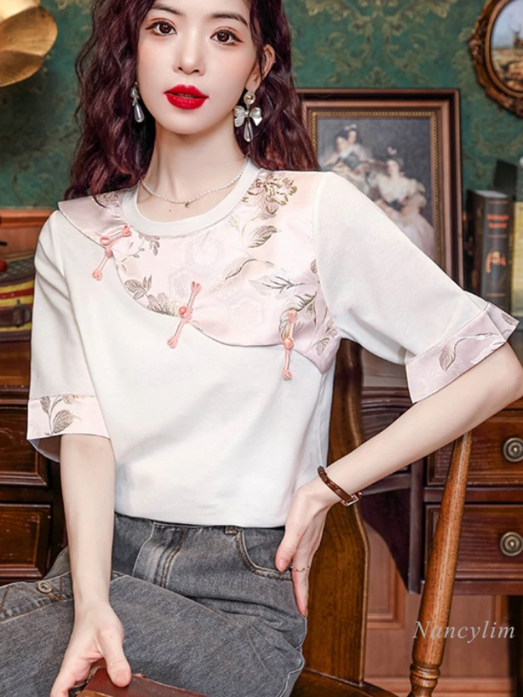 

New Chinese Style Irregular Short-Sleeved T-Shirts Women's Summer Top 2024 New Design Sense Niche Chic Bottoming Top