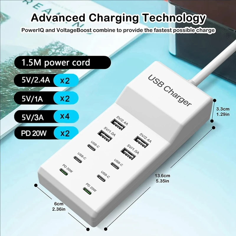 100W 10-Port USB C Charging Dock Station Desktop USB PD Fast Charger For Multiple Devices Fast USB Power Strip