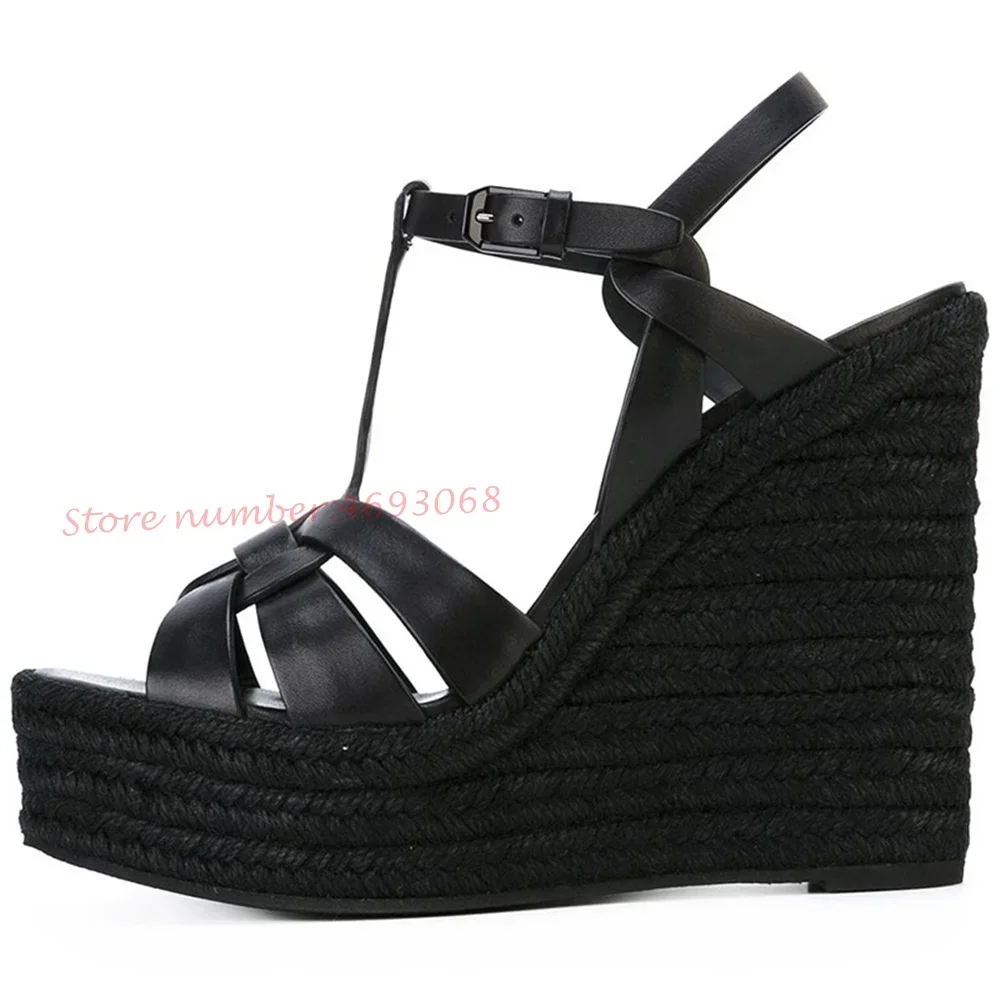 T-strap Wedge Platform Sandals Women Braided High Heels Height Increasing Peep Toe Summer Leather Shoes Bukcle Strap Sandals image 4