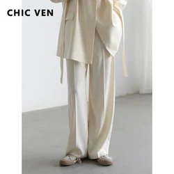 CHIC VEN Women's Pants Casual Loose Solid High Waist Straight Wide-legged Trousers Women Suit Office Ladies Spring Autumn 2022