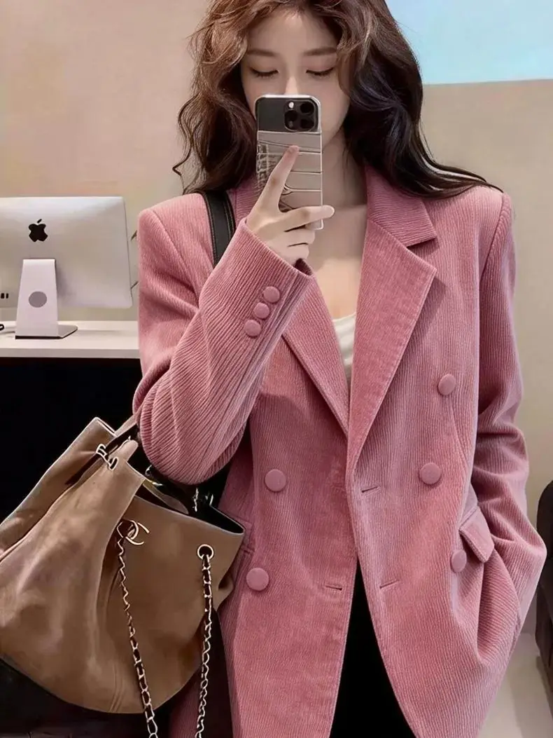 Light luxury double-breasted pink blazer women's 2026 spring new high-end temperament versatile fashion top