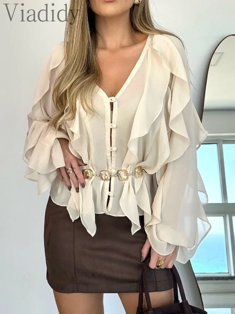 

Women's V Neck Shoulder Asymmetrical Ruffles Blouse Casual Button Front Long Sleeve Shirt