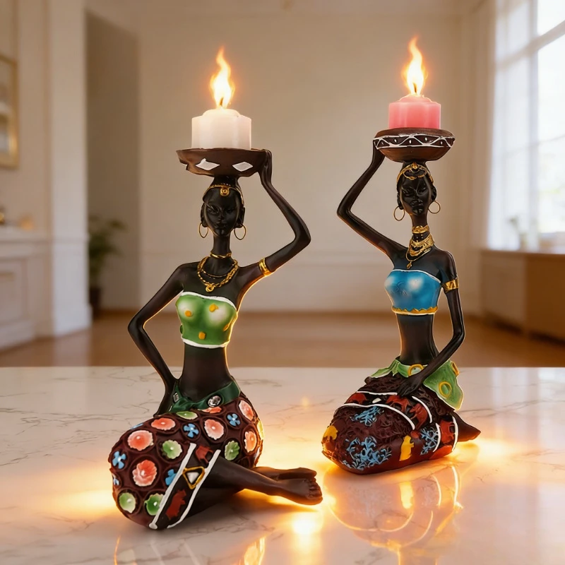 Wohndekor Afrikanische Frau Kerzenhalter 21,5cm Harz Vintage Schreibtisch-Deko Büro Restaurant Skulptur Retro Handwerk