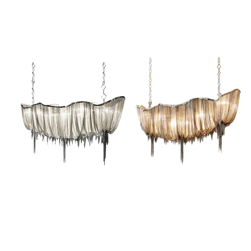 

Italian Rectangle Aluminum Chain Tassel Chandeliers Silver Stainless Steel Art Lamp Living Room Luxury Villa Decoration Dimmable