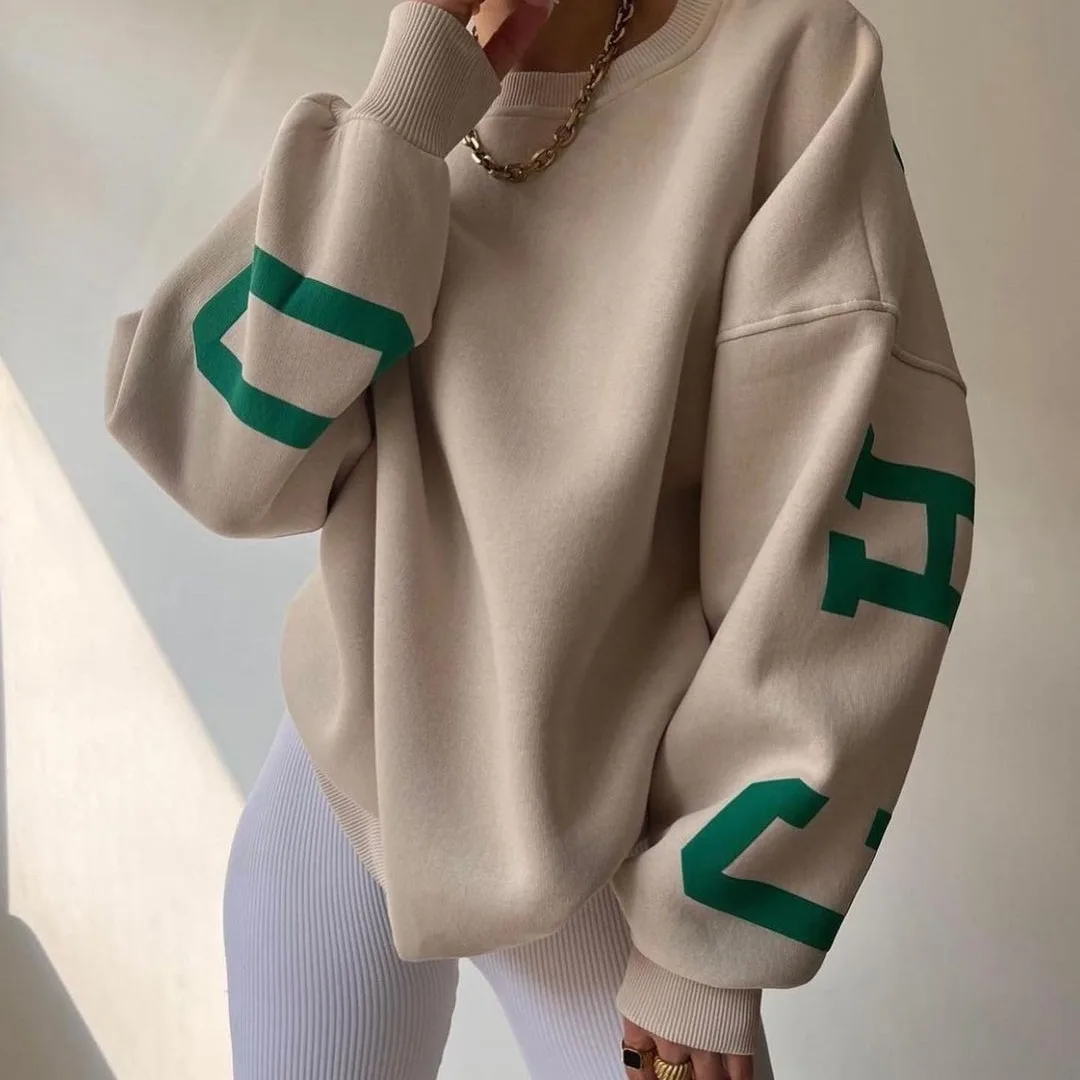 Oversized Graphic Print Sweatshirt Color Block Letter Pattern Long Sleeve Tops for Hip Hop Streetwear Clothing Woman