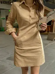 2024 VONDA Women Summer Dress Elegant Long Sleeve Solid Color Shirt Sundress Casual Loose Buttons Pockets Short Mini Vestidos