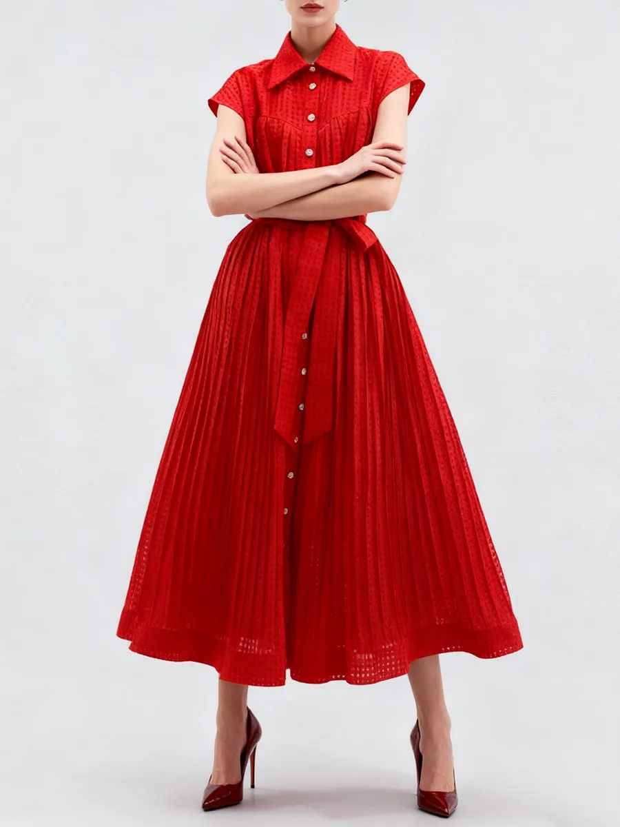 TWOTWINSTYLE Solid Sheer Spliced Shirring Casual Dresses for Women Lapel Sleeveless Patchwork Single Breasted Dress Female New