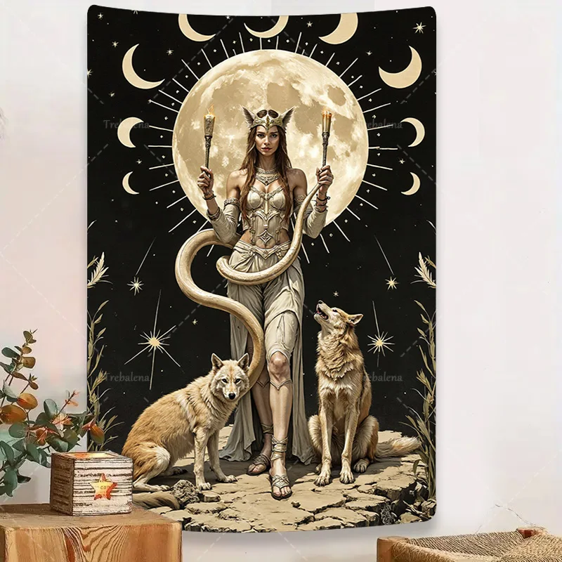 

1pc Wall Tapestry "Mystic Moon Goddess with Wolves Tapestry - Boho Celestial Wall Art"